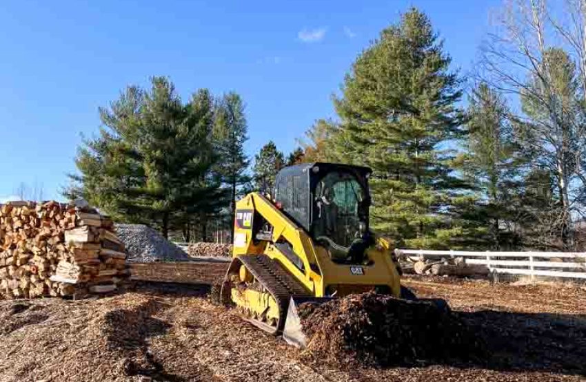 A compact yellow skid steer loader in a rural setting with a clear blue sky above. The machine is sitting on a bed of mulch, which could suggest recent landscaping or land-clearing work.